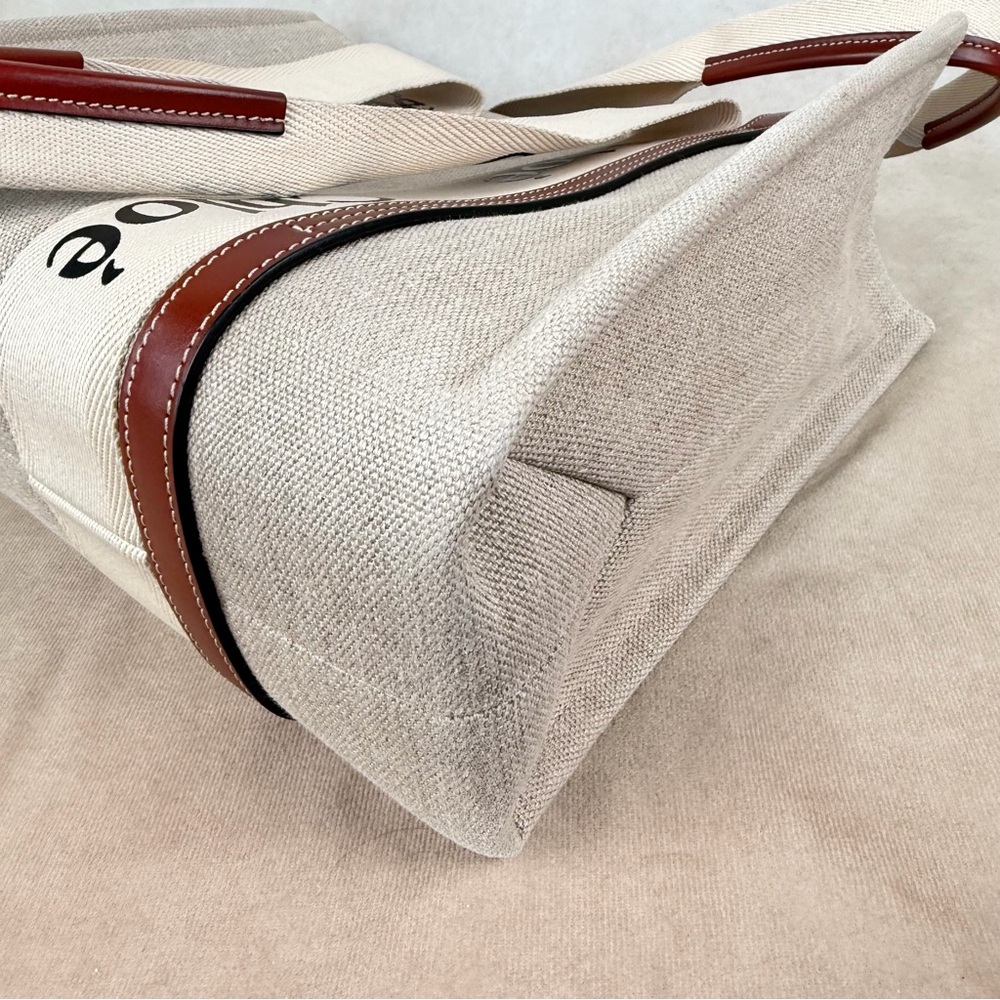 Chloé Woody Medium Tote Beige Linen Canvas Logo Strap Brown Leather Trim - Picture 11 of 17